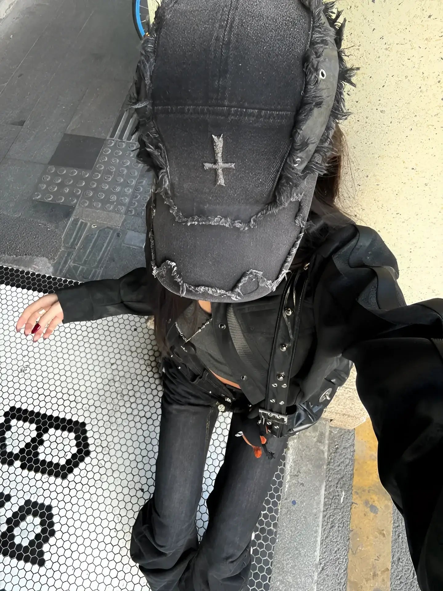 Gothic Distressed Cross Denim Cap - Fuga Studios