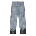 Gothic Flame Cross Denim Jeans - Fuga Studios