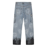 Gothic Flame Cross Denim Jeans - Fuga Studios