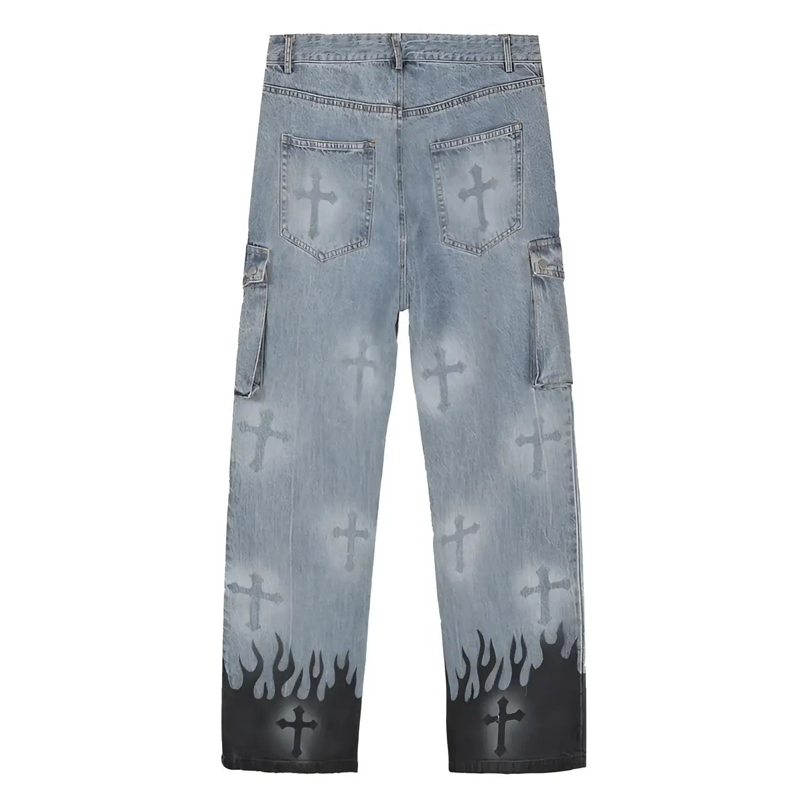 Gothic Flame Cross Denim Jeans - Fuga Studios