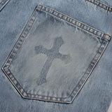 Gothic Flame Cross Denim Jeans - Fuga Studios