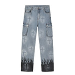 Gothic Flame Cross Denim Jeans - Fuga Studios