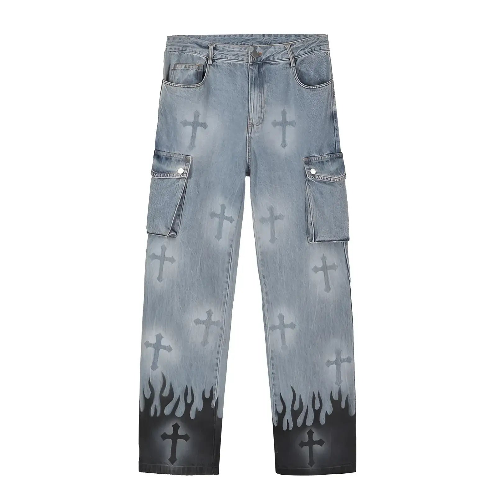 Gothic Flame Cross Denim Jeans - Fuga Studios