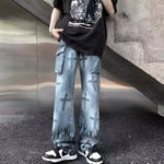 Gothic Flame Cross Denim Jeans - Fuga Studios