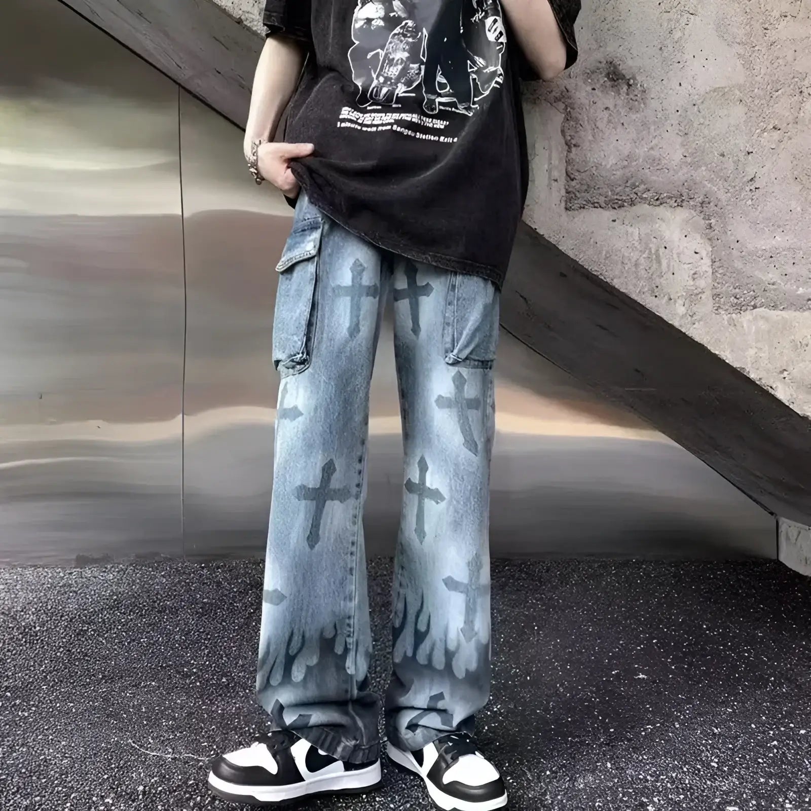 Gothic Flame Cross Denim Jeans - Fuga Studios