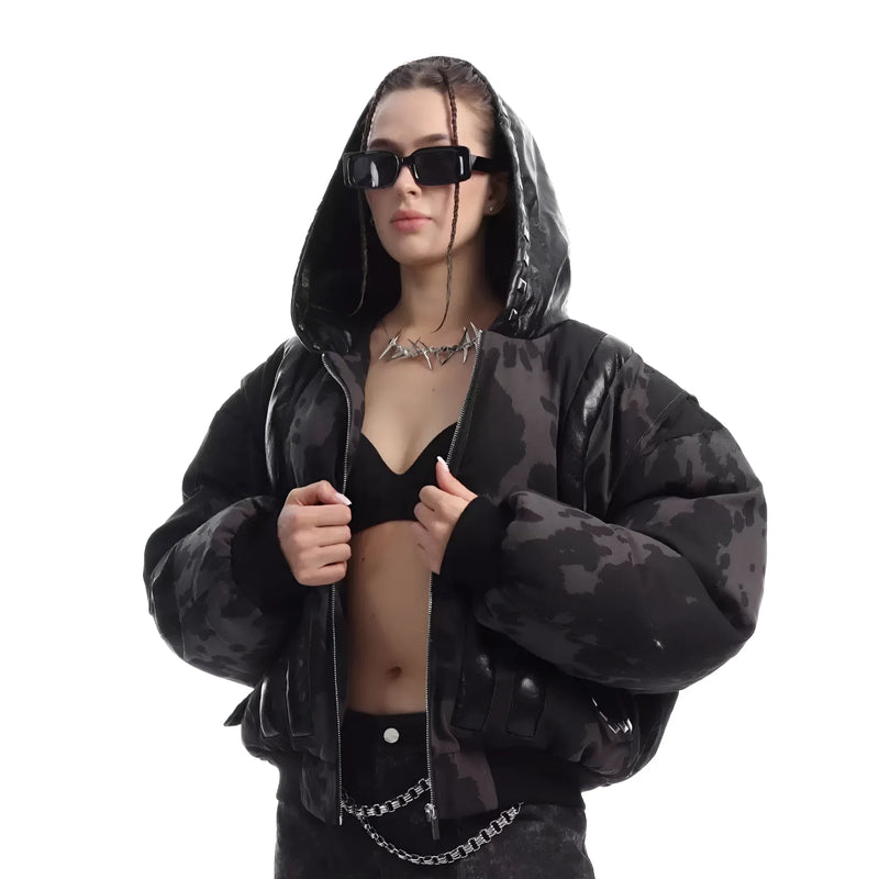 Techwear Camo Leather-Panel Hooded Puffer Jacket