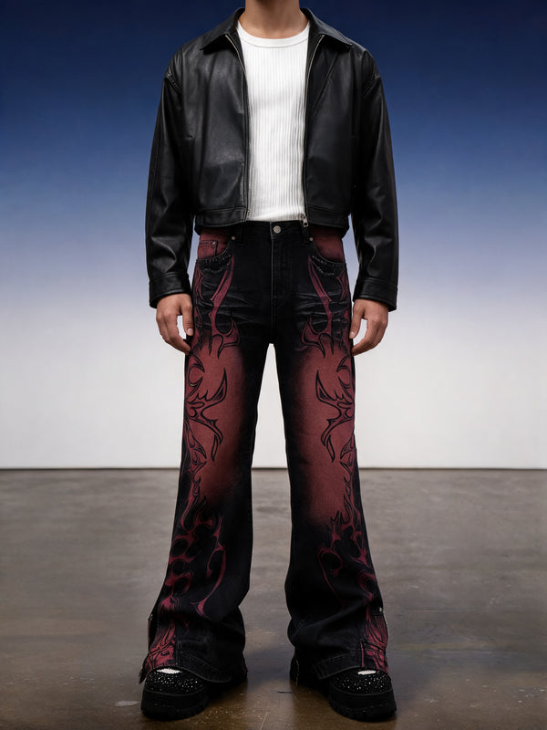 Y2K Flame Print Wide-Leg Jeans - Fuga Studios