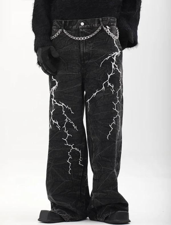 Y2K Lightning Embroidery Wide-Leg Jeans - Fuga Studios