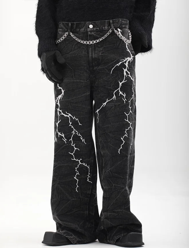 Y2K Lightning Embroidery Wide-Leg Jeans