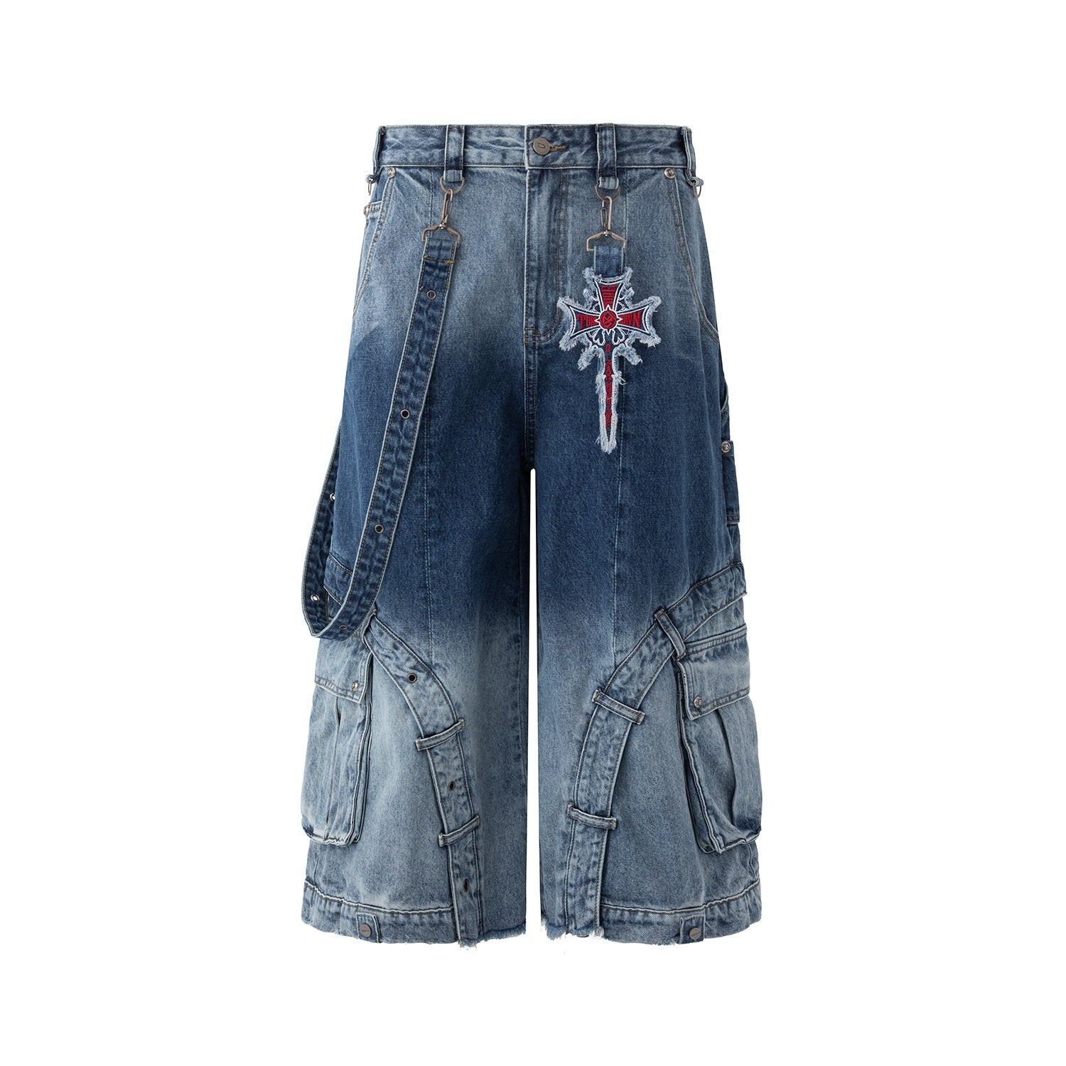 Y2K Gothic Cross Denim Cargo Shorts