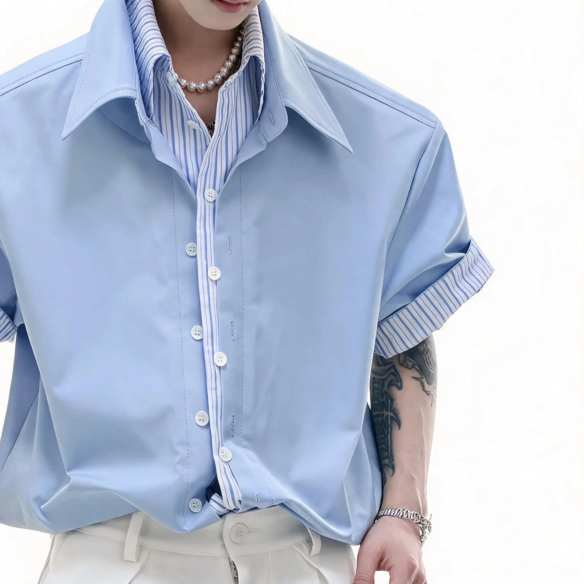 Businesscore Striped-Trim Short-Sleeve Shirt - Fuga Studios