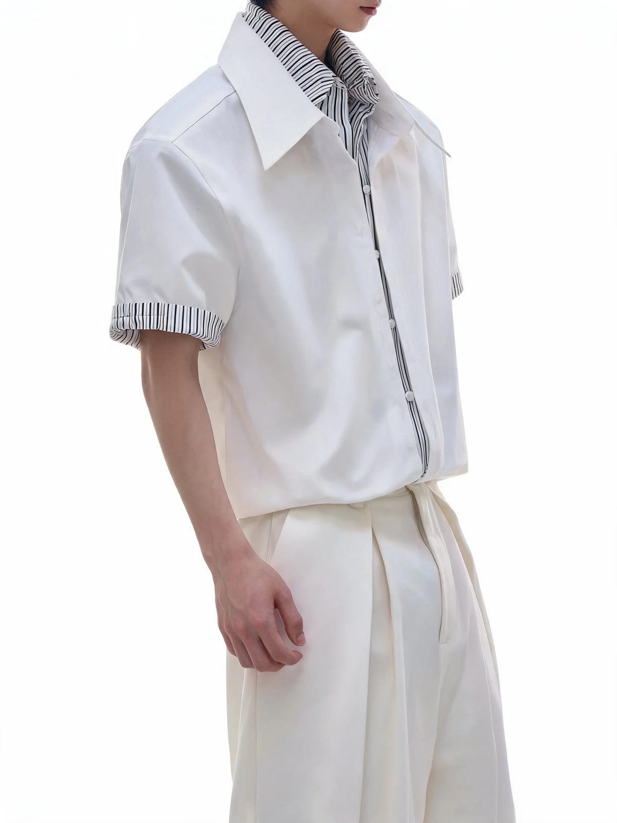 Businesscore Striped-Trim Short-Sleeve Shirt - Fuga Studios