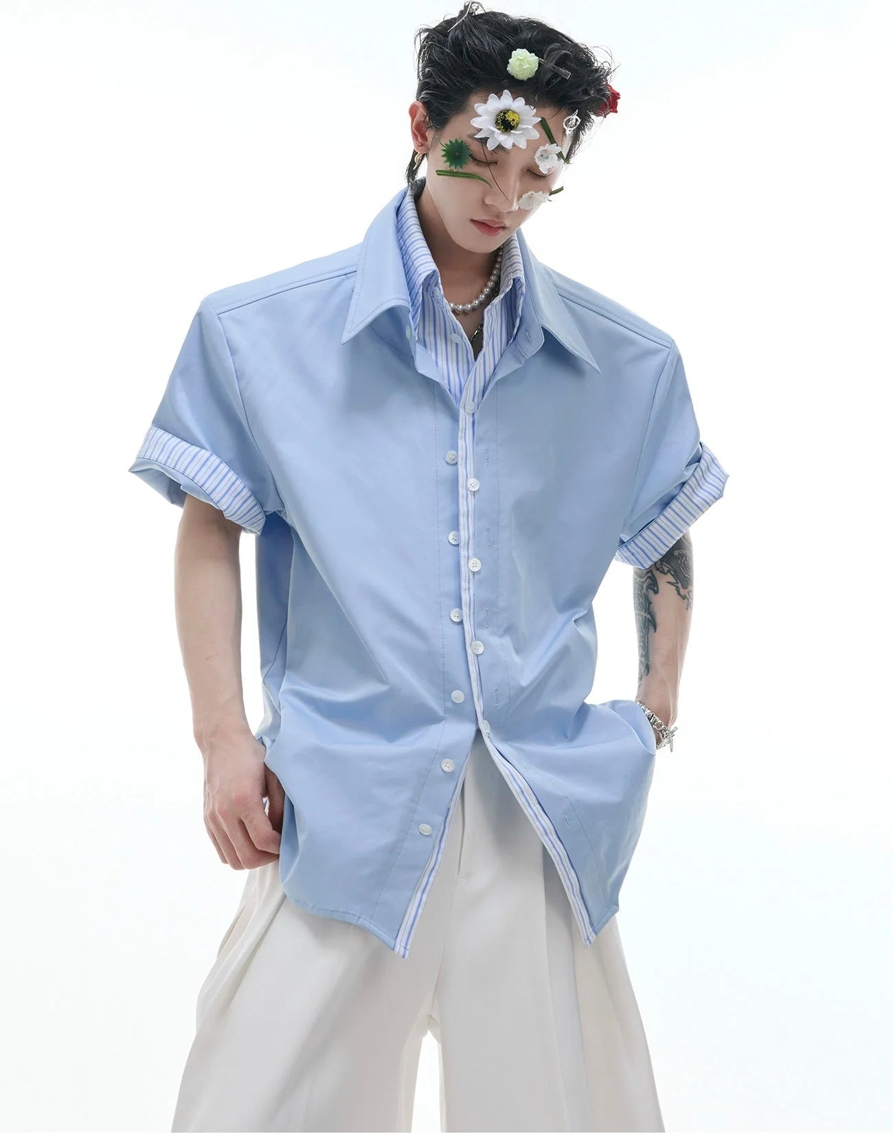 Businesscore Striped-Trim Short-Sleeve Shirt - Fuga Studios