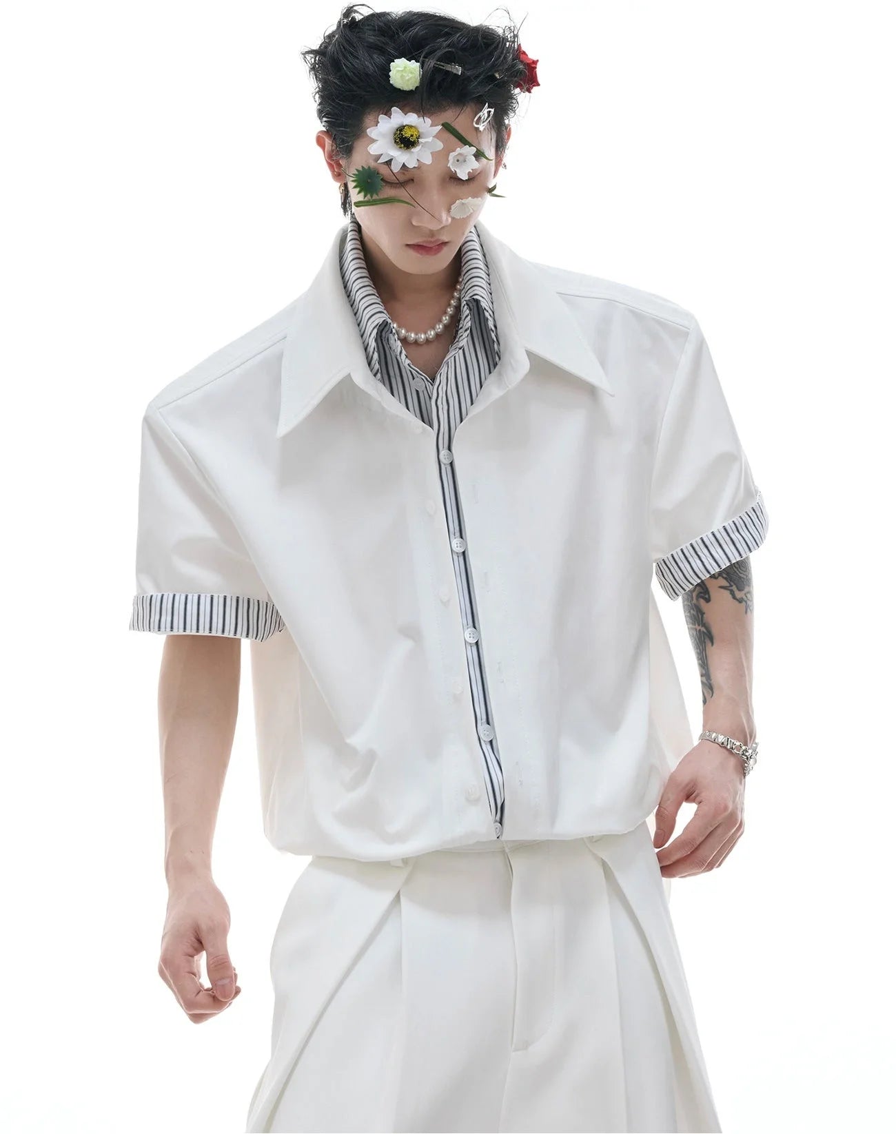 Businesscore Striped-Trim Short-Sleeve Shirt - Fuga Studios