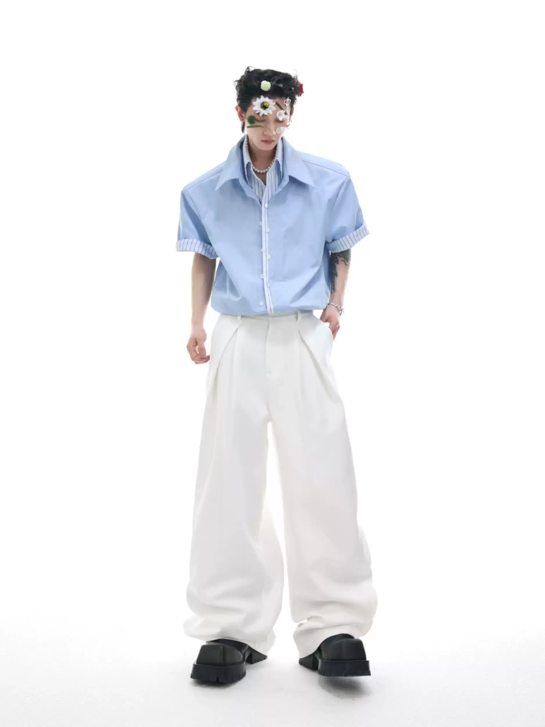 Businesscore Striped-Trim Short-Sleeve Shirt - Fuga Studios