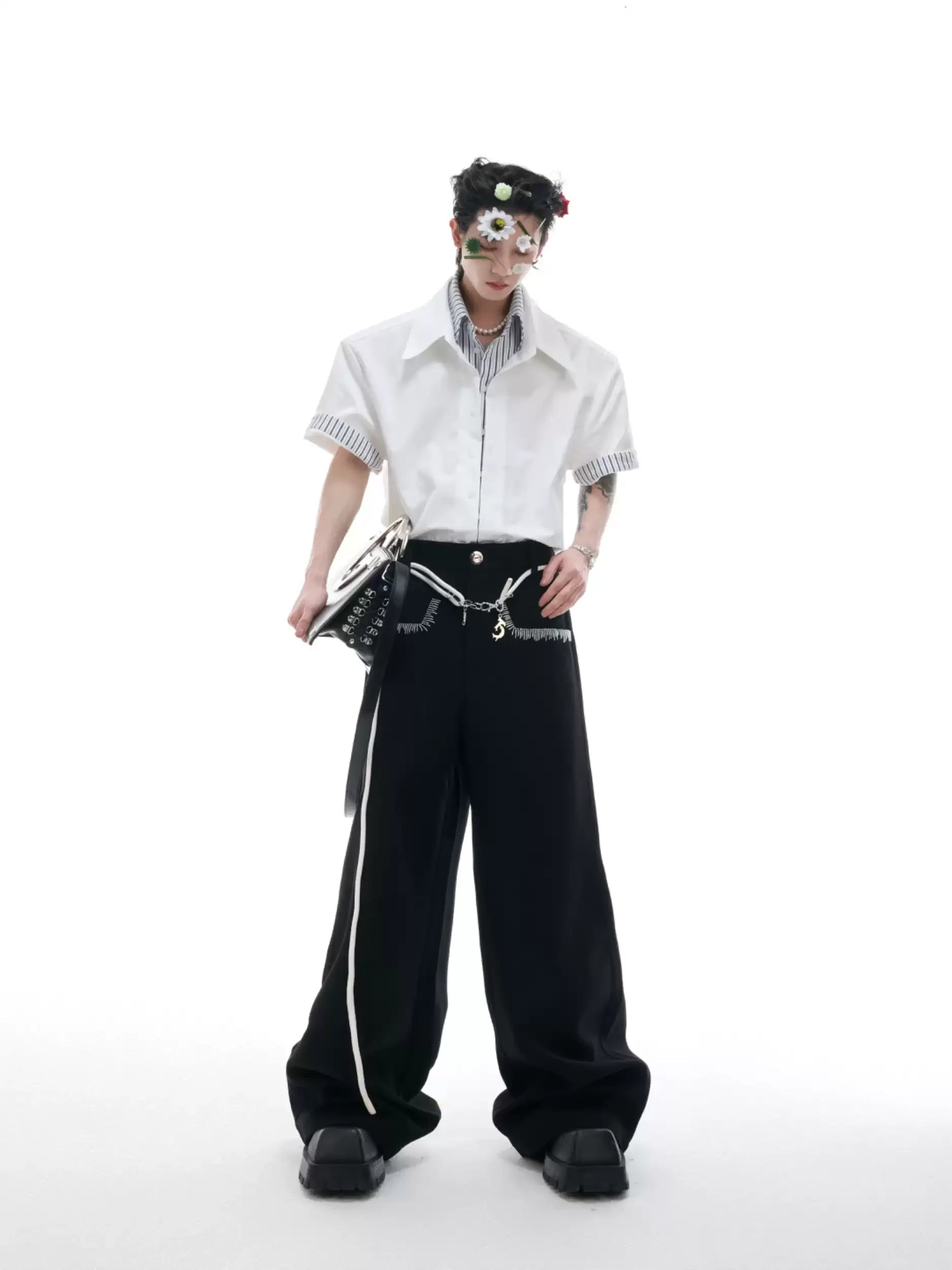 Businesscore Striped-Trim Short-Sleeve Shirt - Fuga Studios