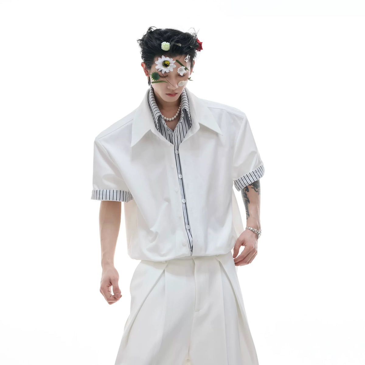 Businesscore Striped-Trim Short-Sleeve Shirt - Fuga Studios