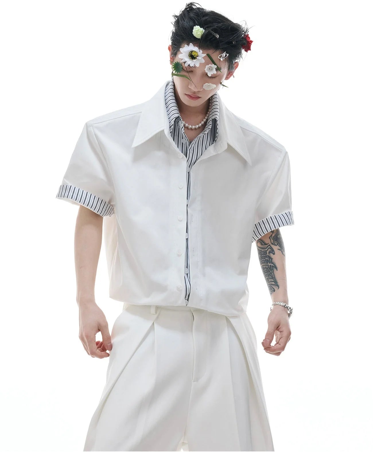 Businesscore Striped-Trim Short-Sleeve Shirt - Fuga Studios