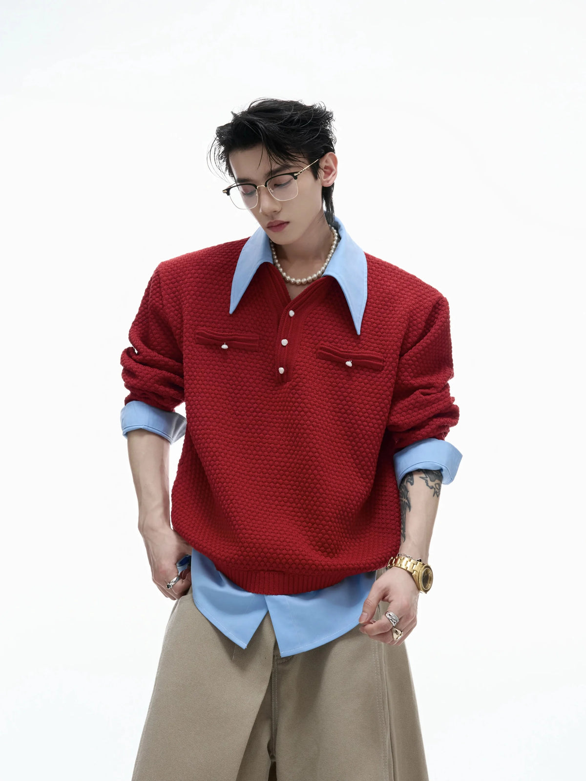 Businesscore Waffle-Knit Polo Sweater - Fuga Studios