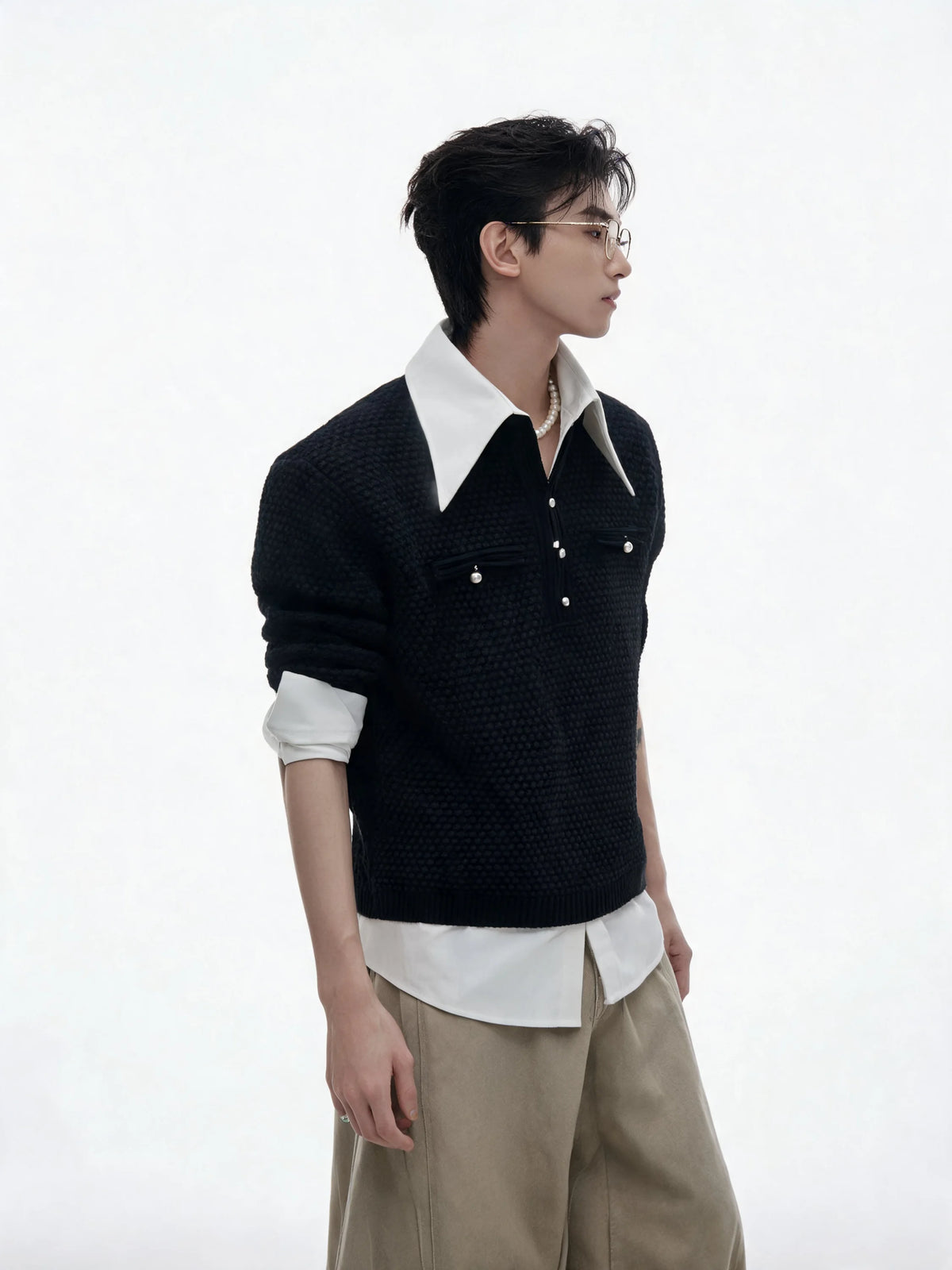 Businesscore Waffle-Knit Polo Sweater - Fuga Studios