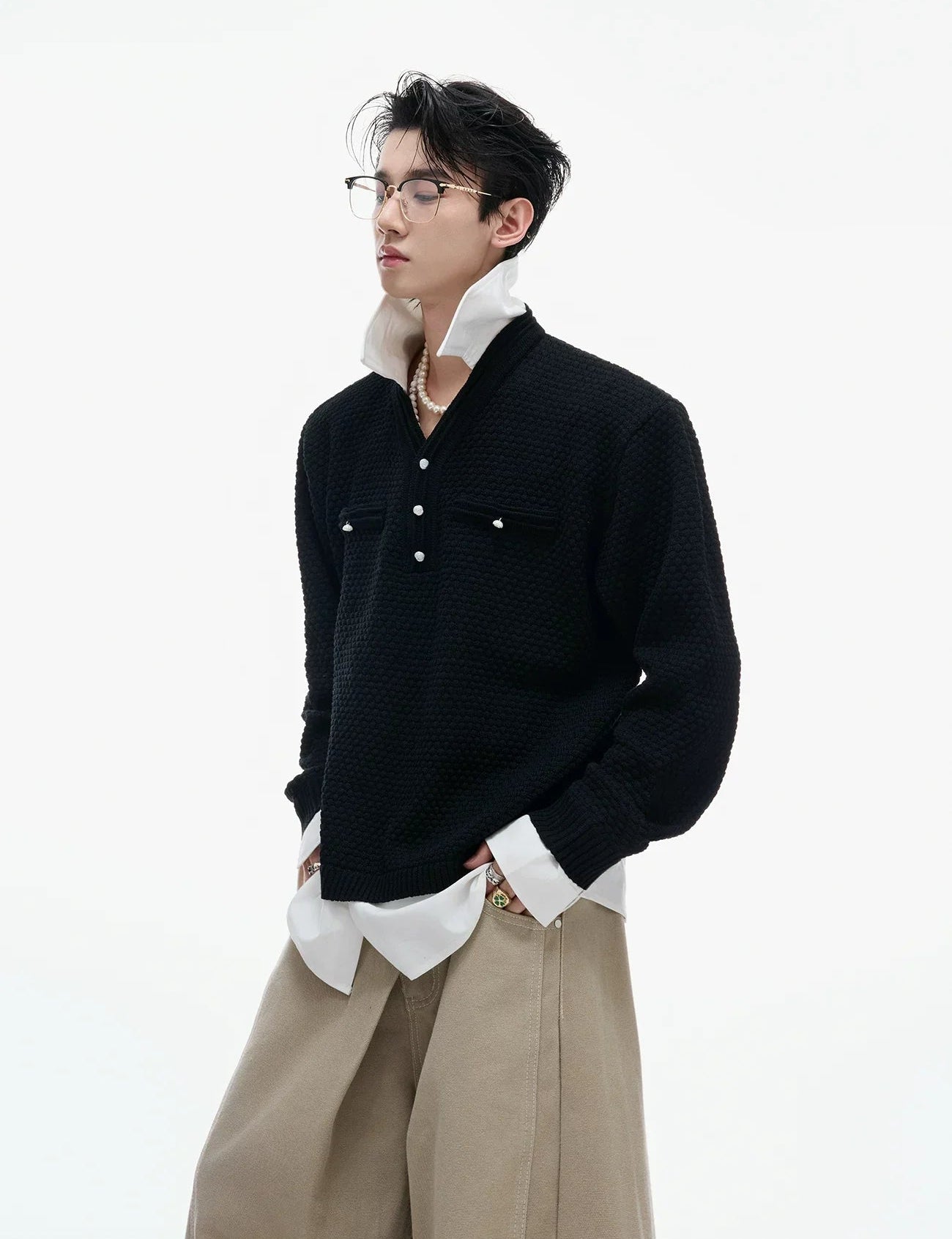 Businesscore Waffle-Knit Polo Sweater - Fuga Studios