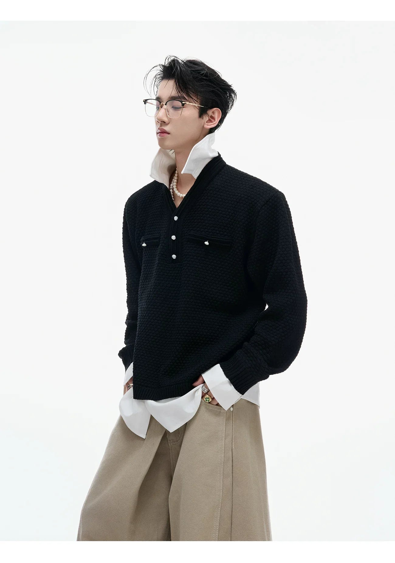 Businesscore Waffle-Knit Polo Sweater - Fuga Studios