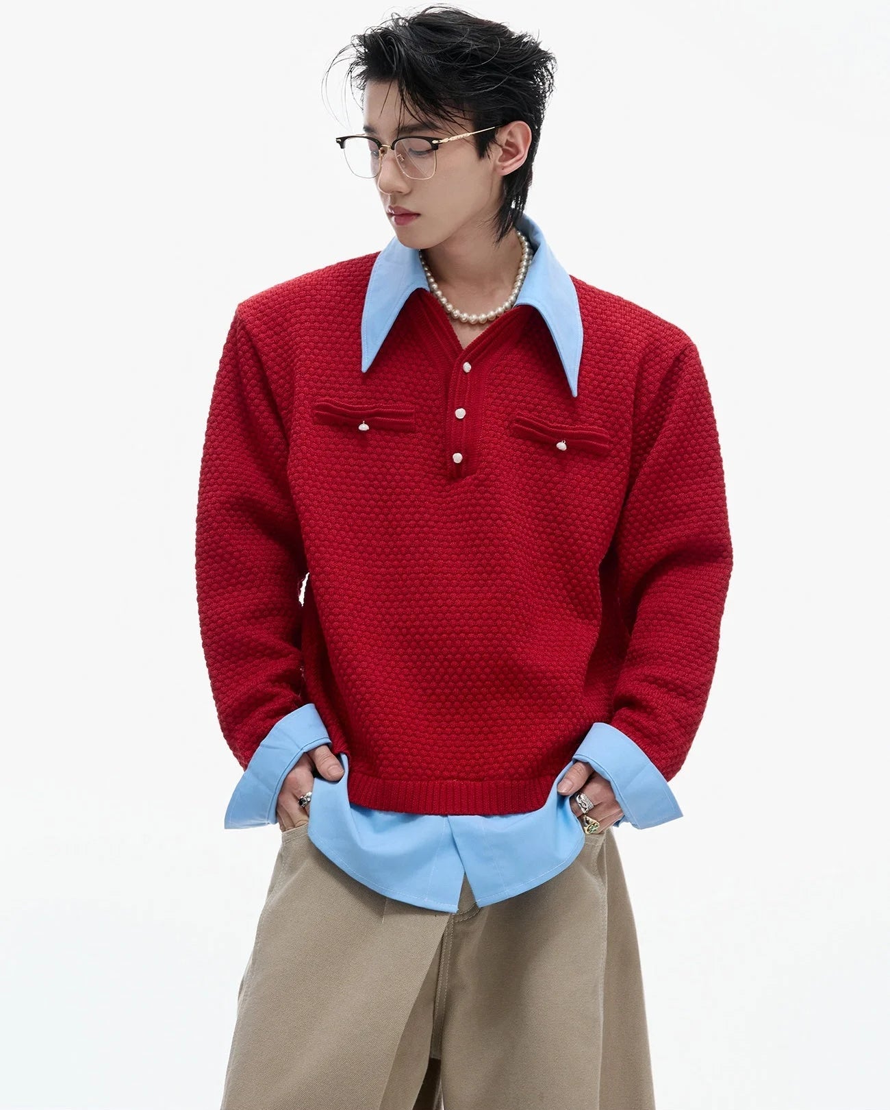 Businesscore Waffle-Knit Polo Sweater - Fuga Studios