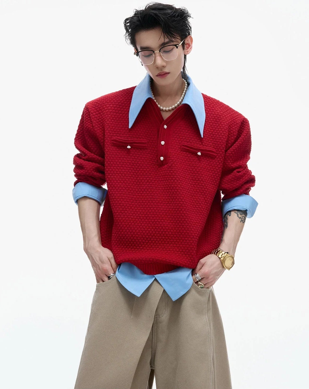 Businesscore Waffle-Knit Polo Sweater - Fuga Studios