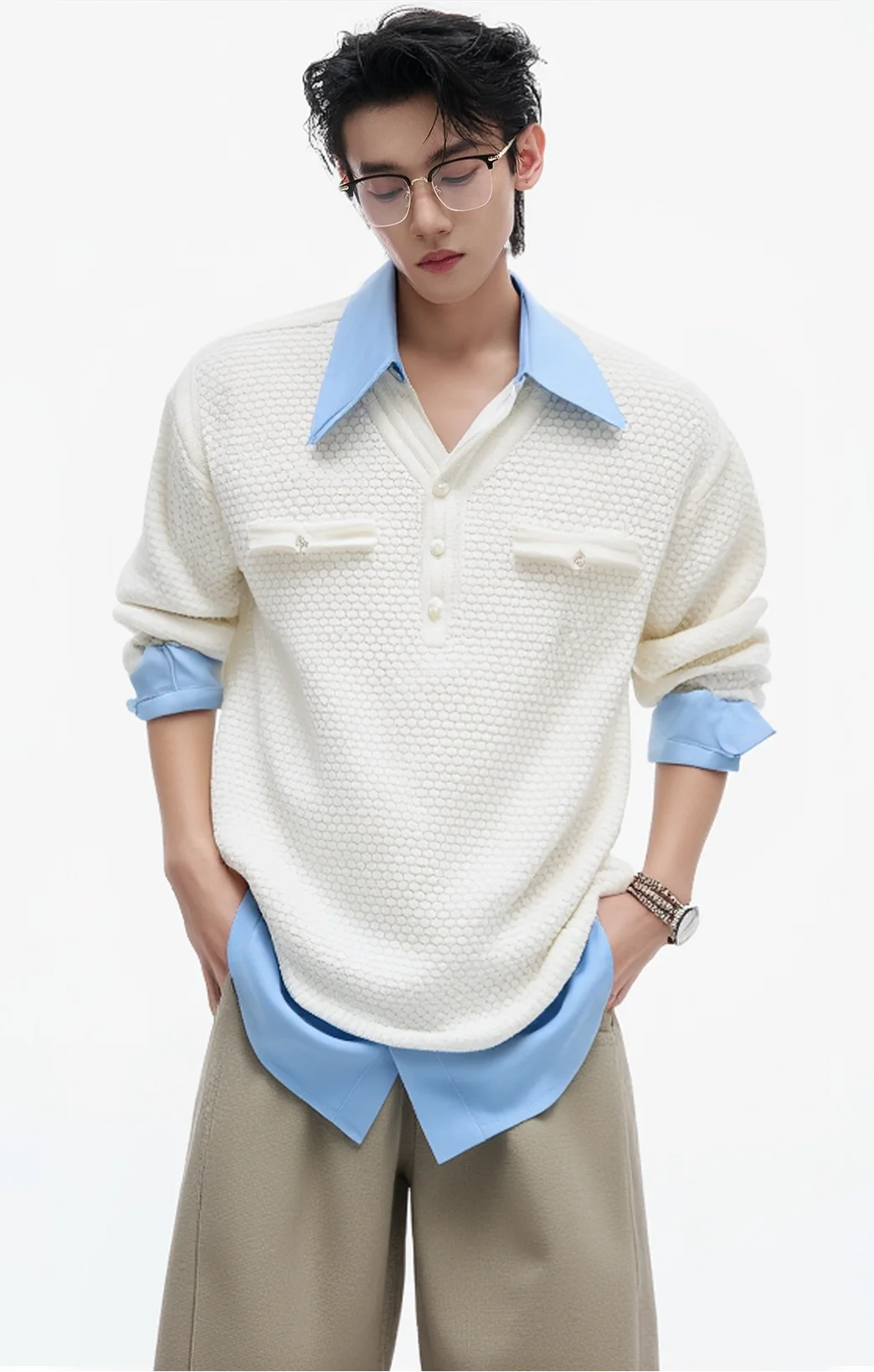 Businesscore Waffle-Knit Polo Sweater - Fuga Studios