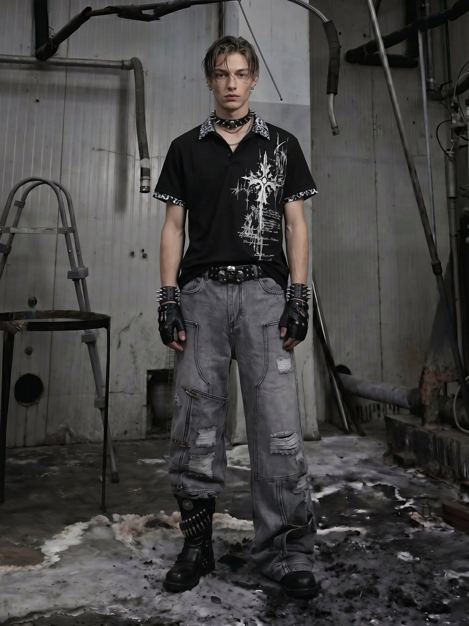 Gothic Cross Collar Polo Shirt 3