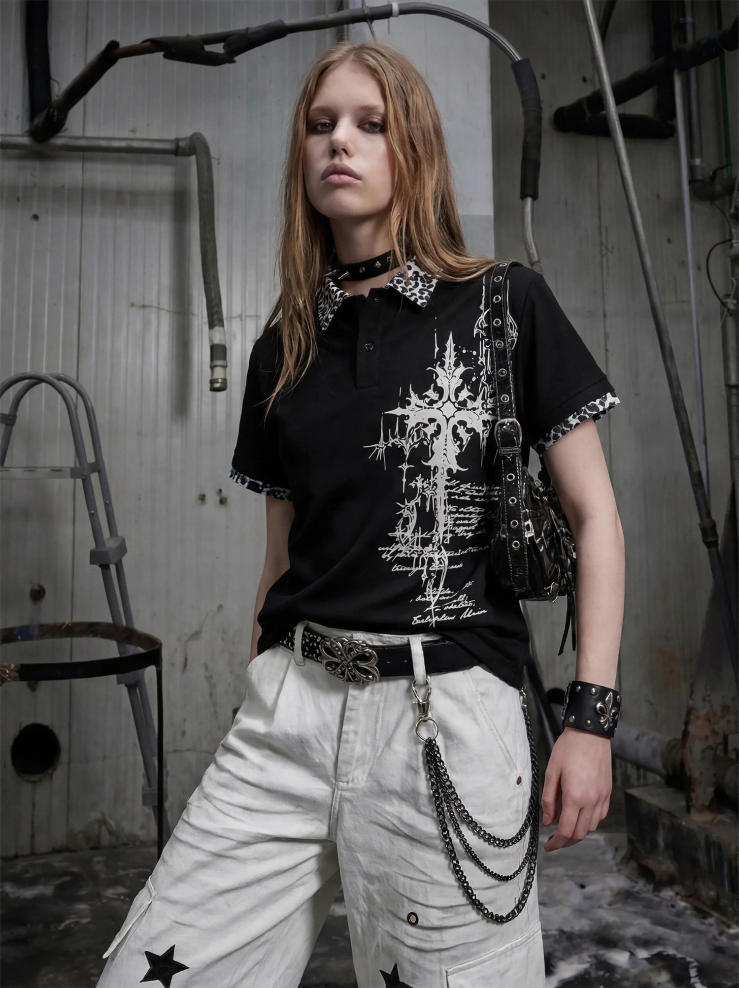 Gothic Cross Collar Polo Shirt 1
