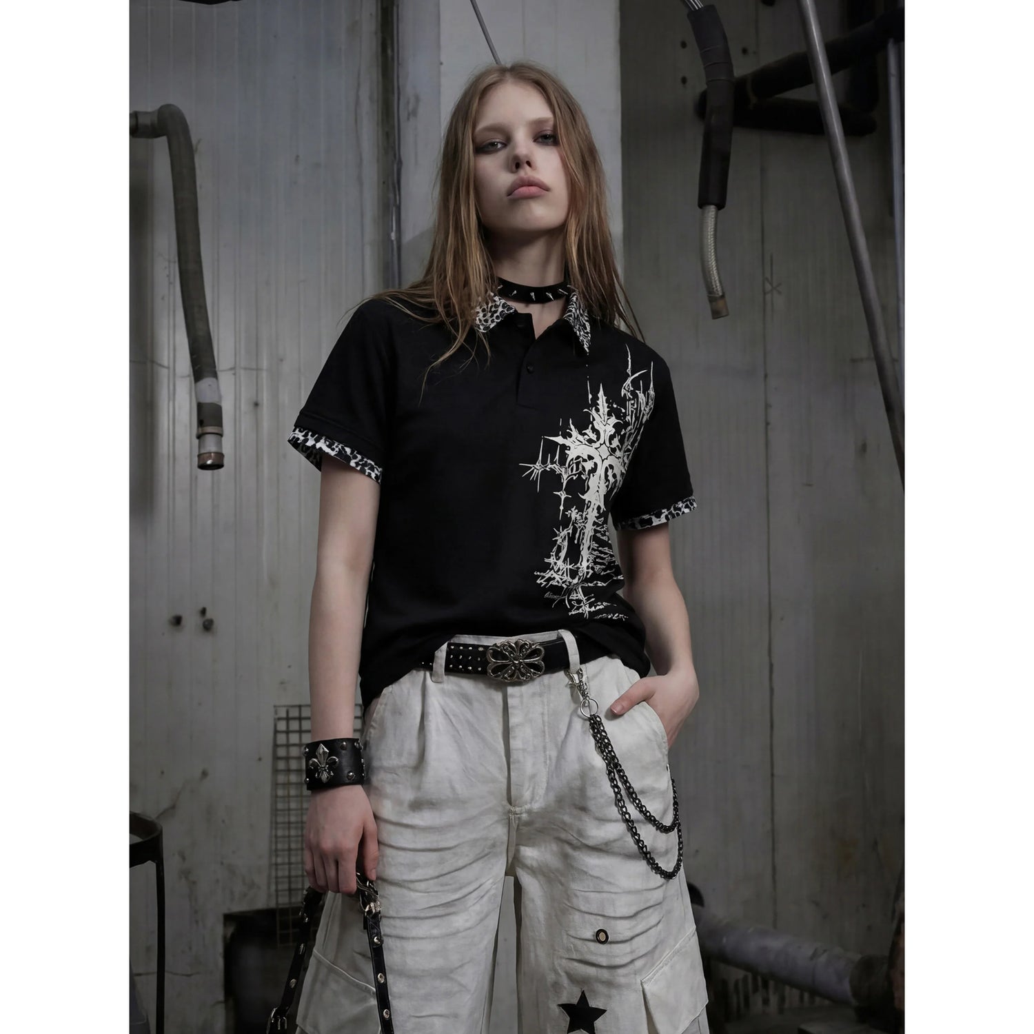 Gothic Cross Collar Polo Shirt - Fuga Studios