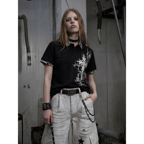 Gothic Cross Collar Polo Shirt - Fuga Studios