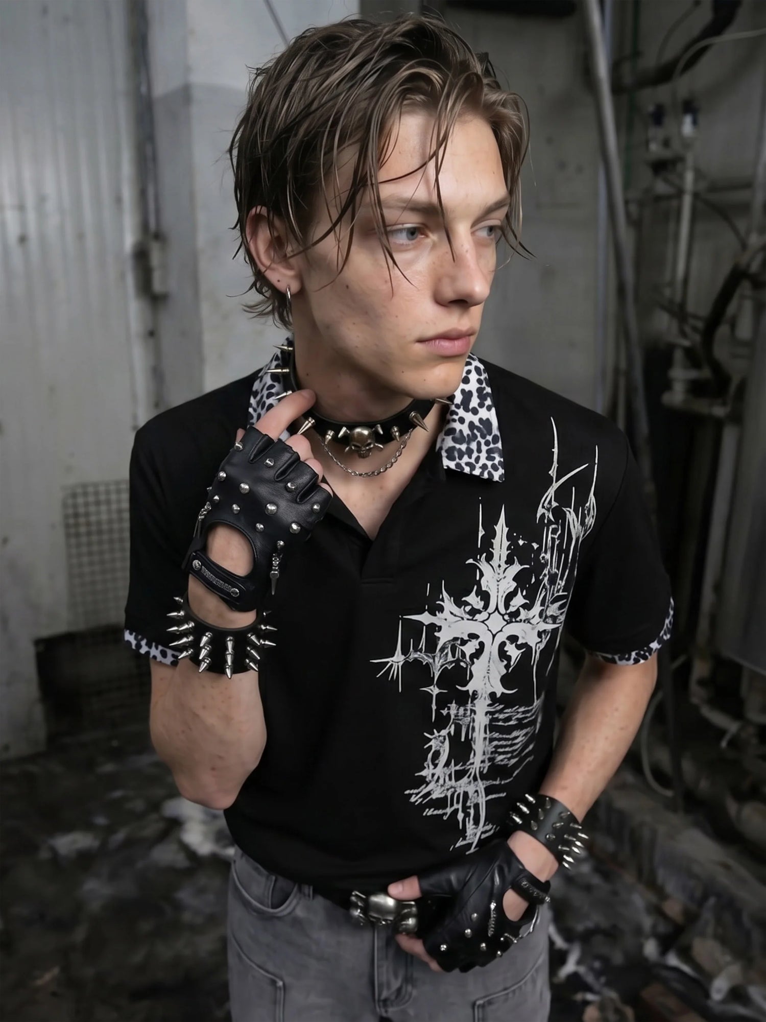 Gothic Cross Collar Polo Shirt 1
