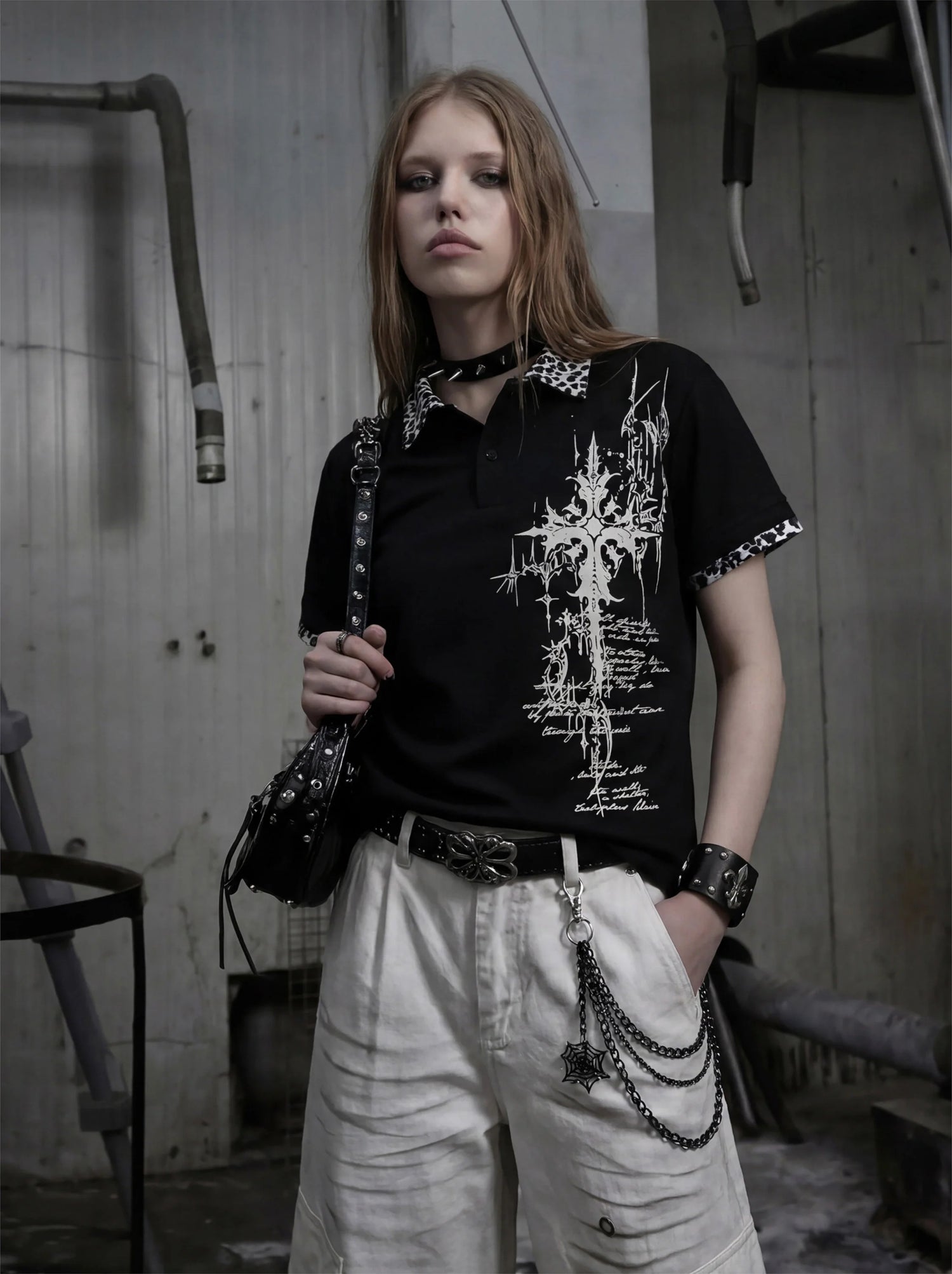 Gothic Cross Collar Polo Shirt 5