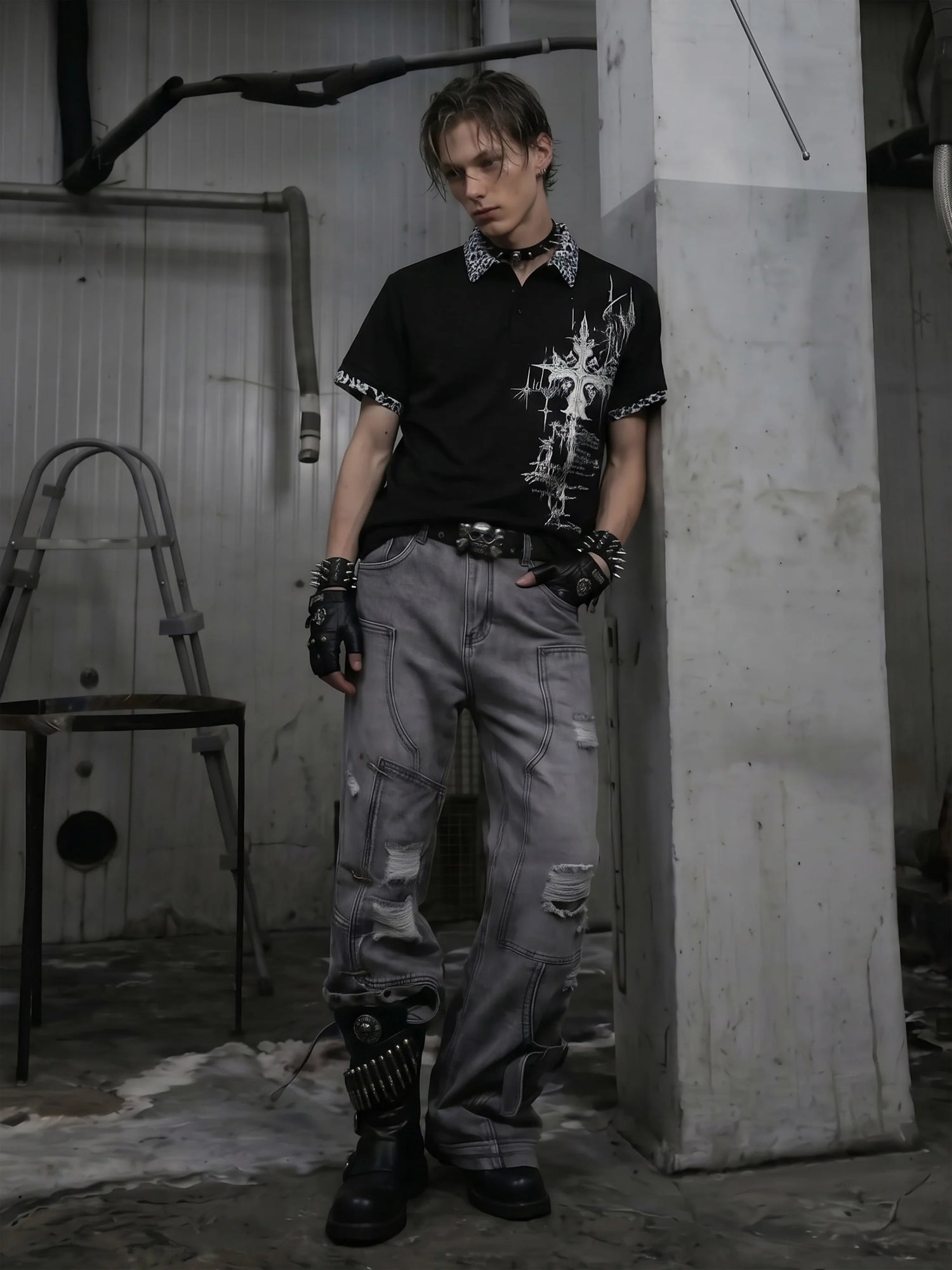 Gothic Cross Collar Polo Shirt 6
