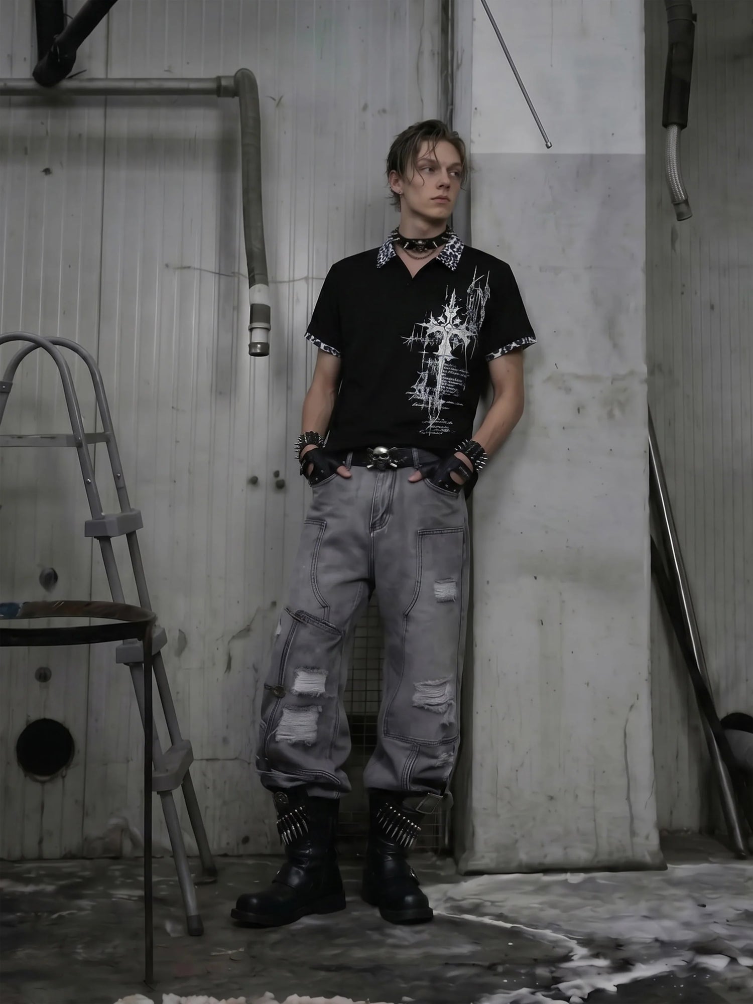 Gothic Cross Collar Polo Shirt 2