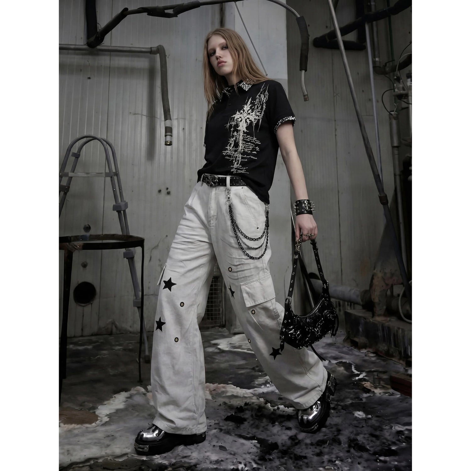 Gothic Cross Collar Polo Shirt - Fuga Studios