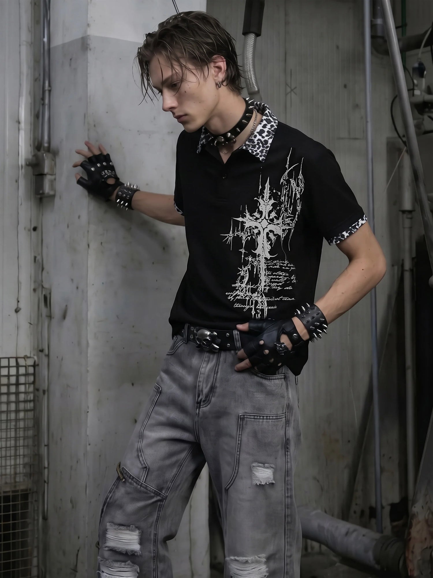 Gothic Cross Collar Polo Shirt 4