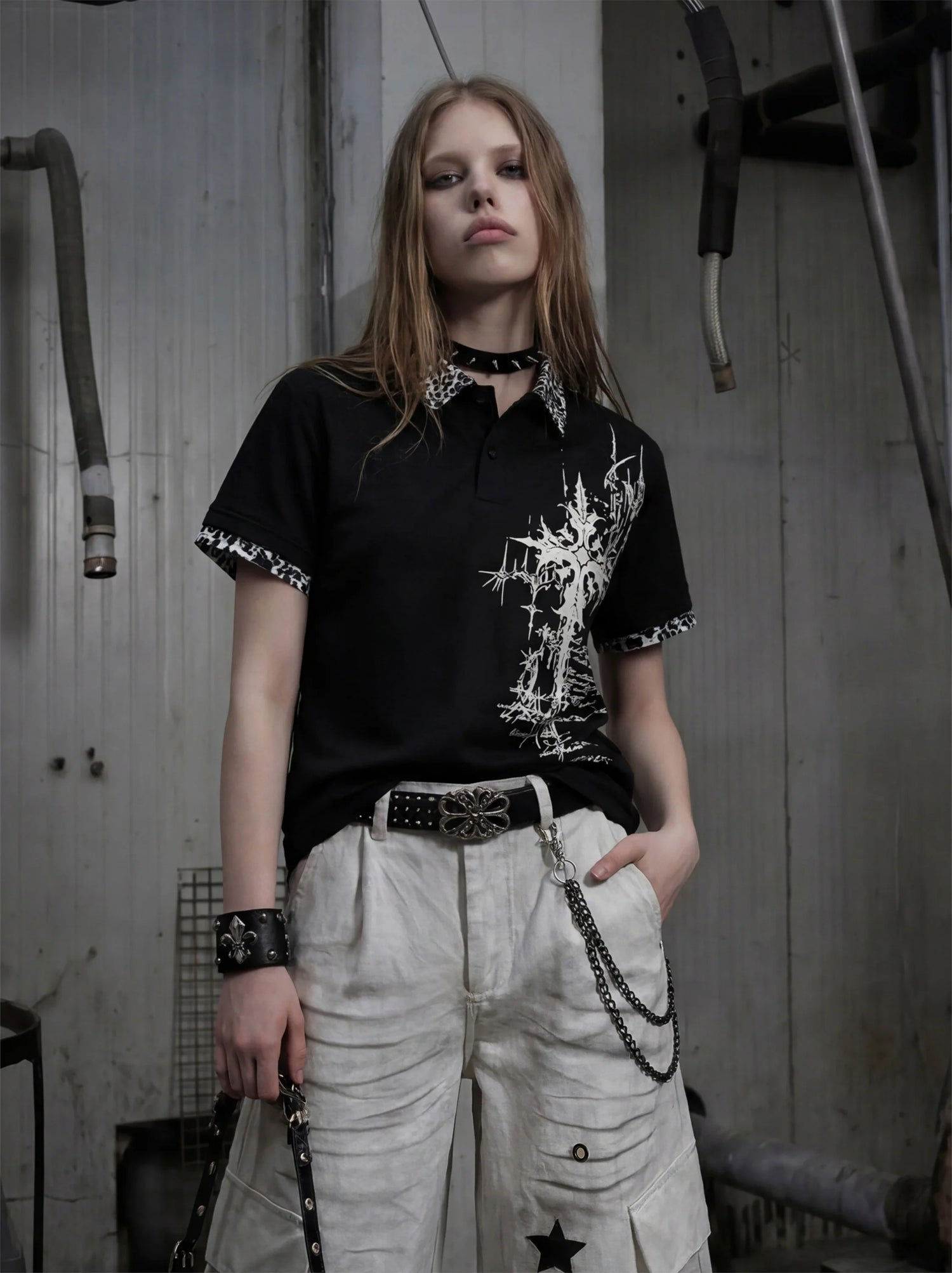 Gothic Cross Collar Polo Shirt 4