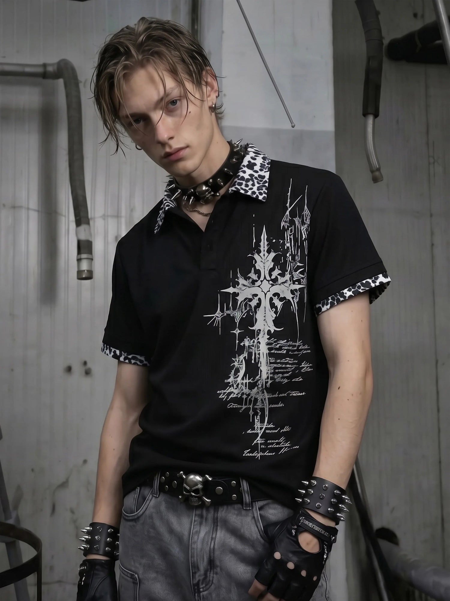 Gothic Cross Collar Polo Shirt 3