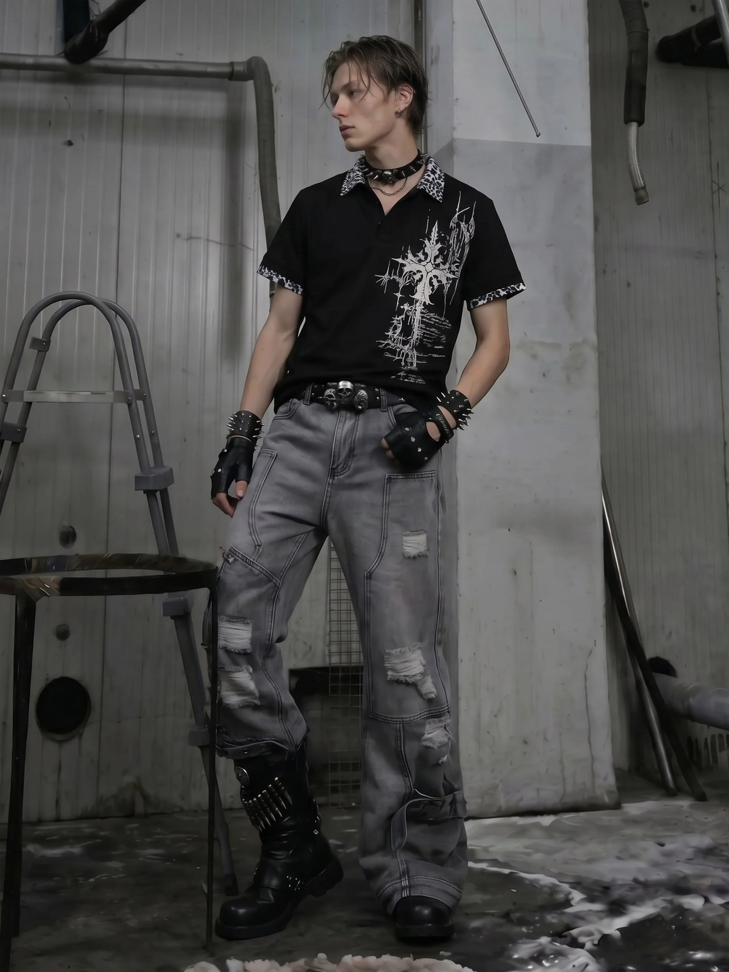 Gothic Cross Collar Polo Shirt 5