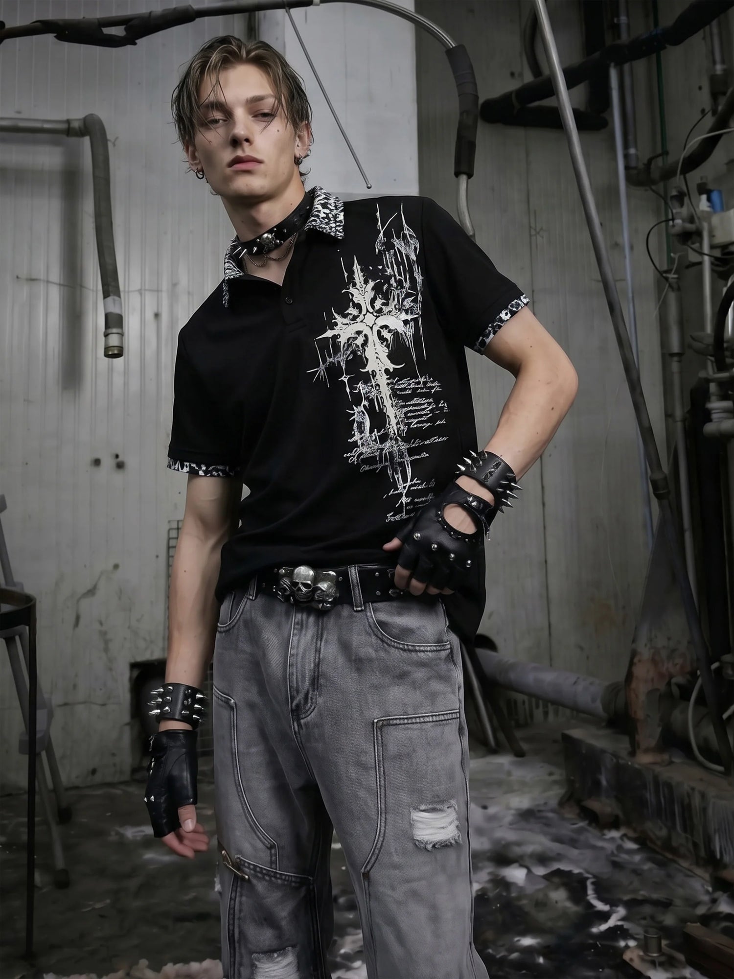 Gothic Cross Collar Polo Shirt 3