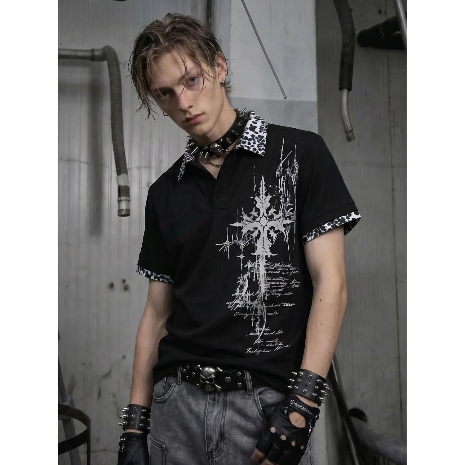 Gothic Cross Collar Polo Shirt - Fuga Studios