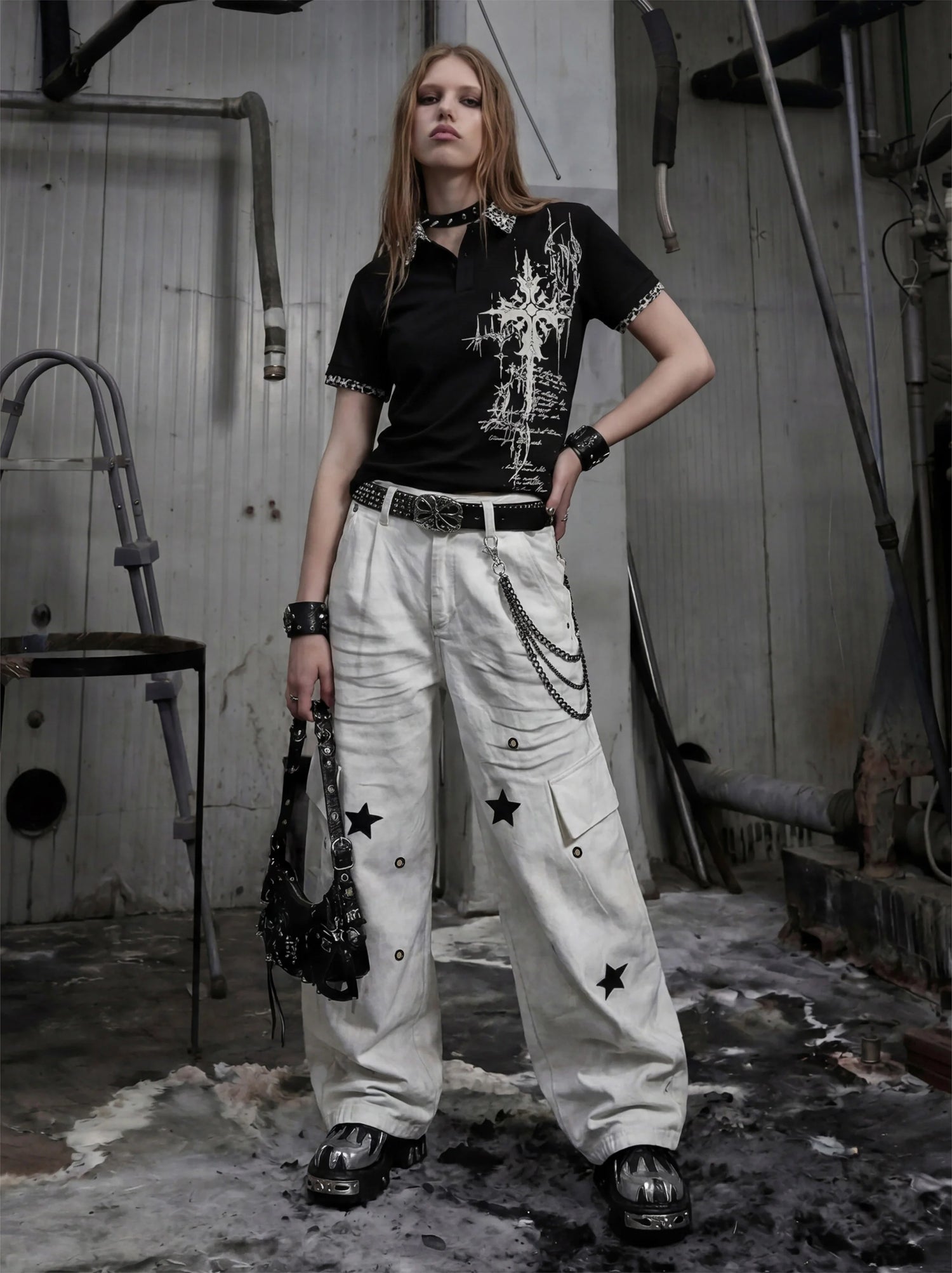 Gothic Cross Collar Polo Shirt 5