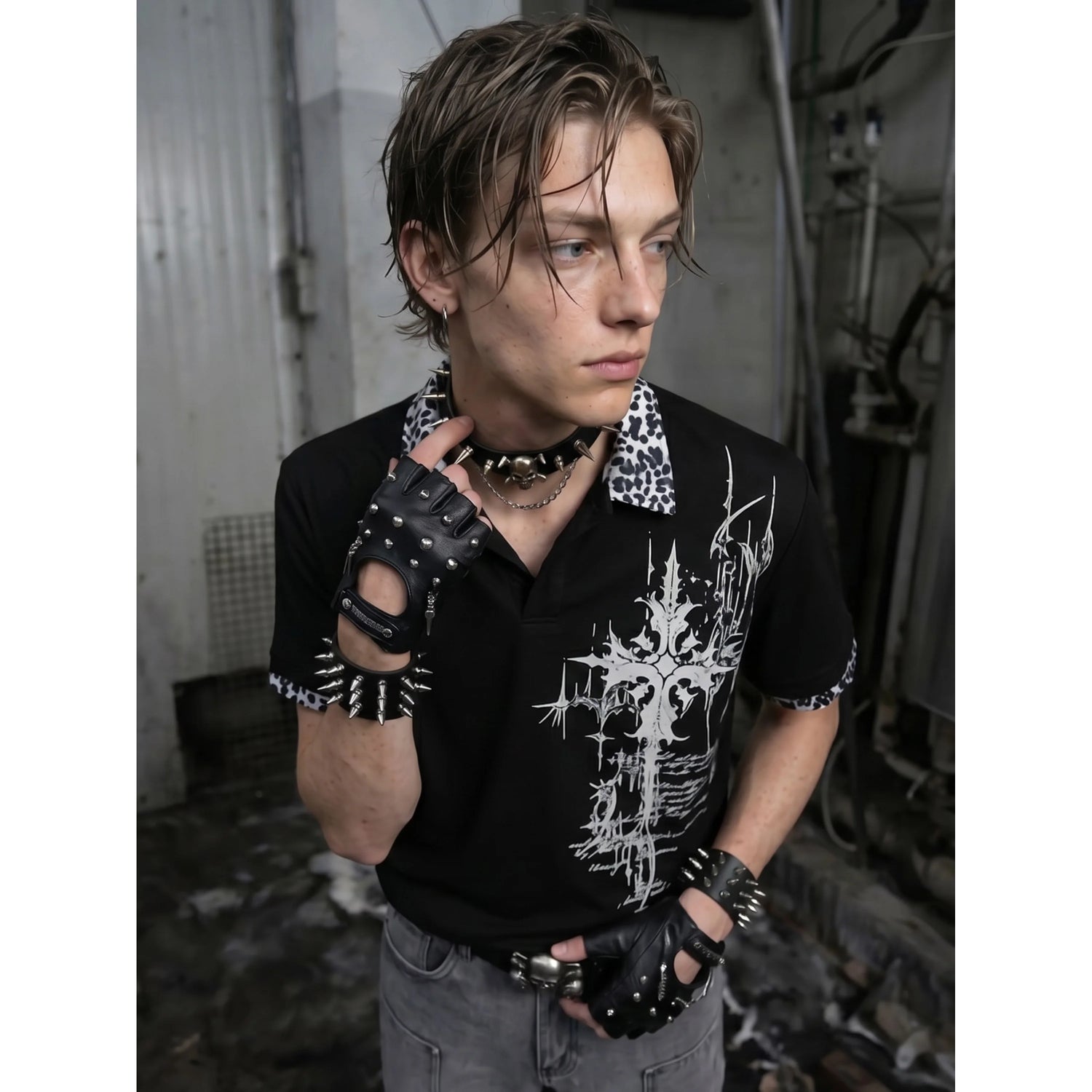 Gothic Cross Collar Polo Shirt - Fuga Studios