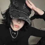 Gothic Distressed Cross Denim Cap - Fuga Studios