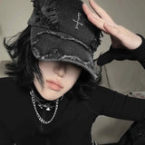 Gothic Distressed Cross Denim Cap - Fuga Studios