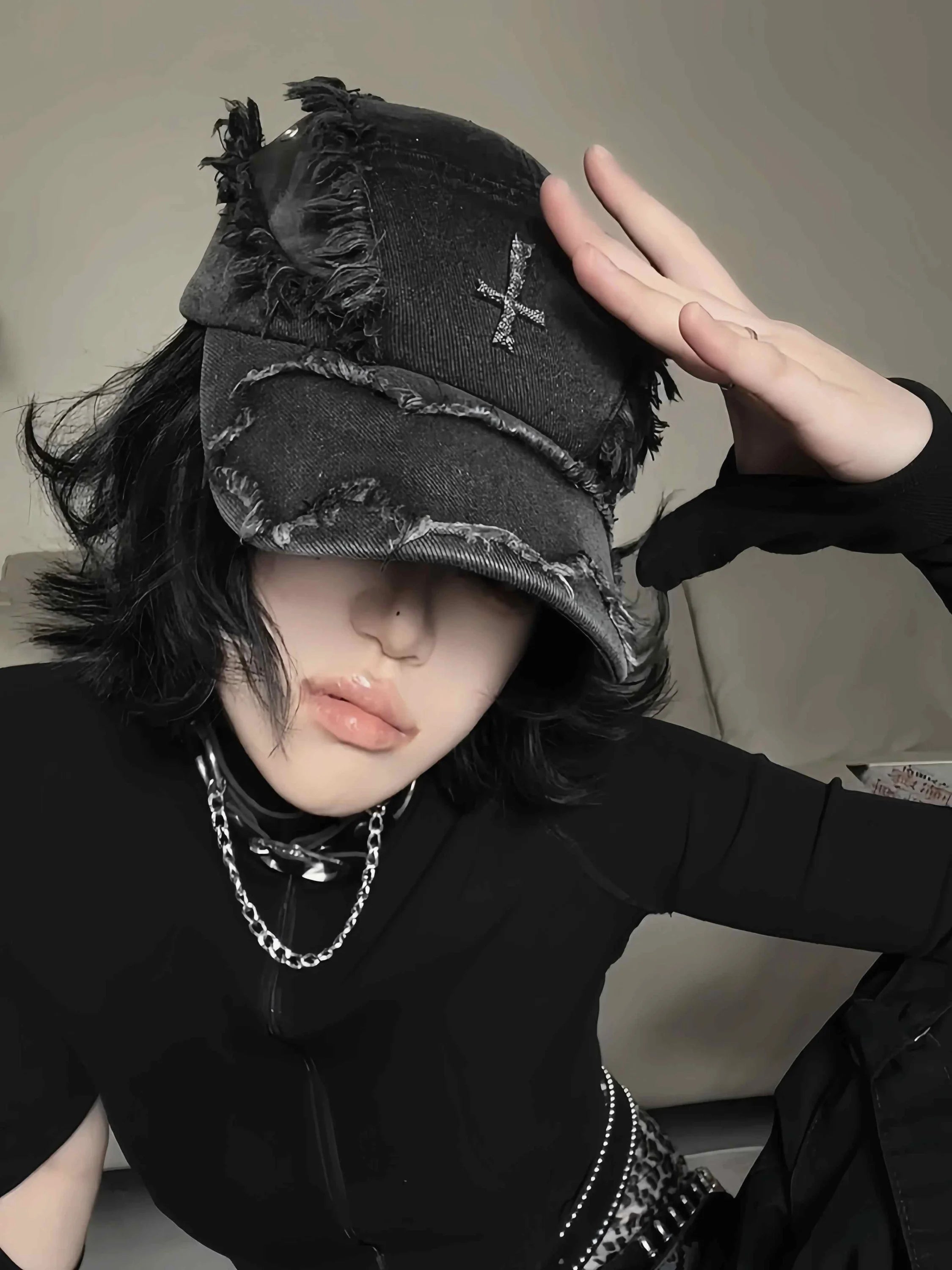 Gothic Distressed Cross Denim Cap - Fuga Studios