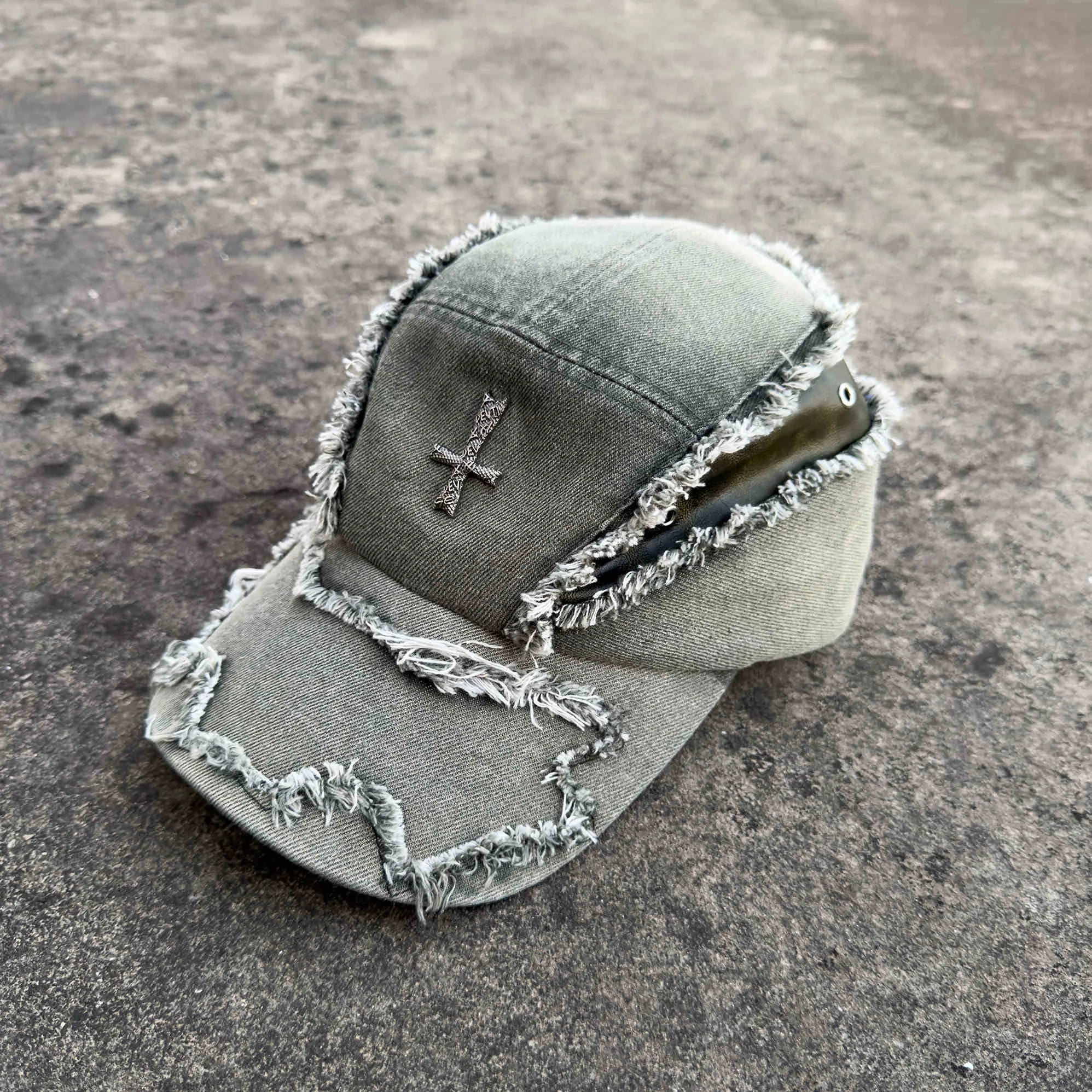 Gothic Distressed Cross Denim Cap - Fuga Studios